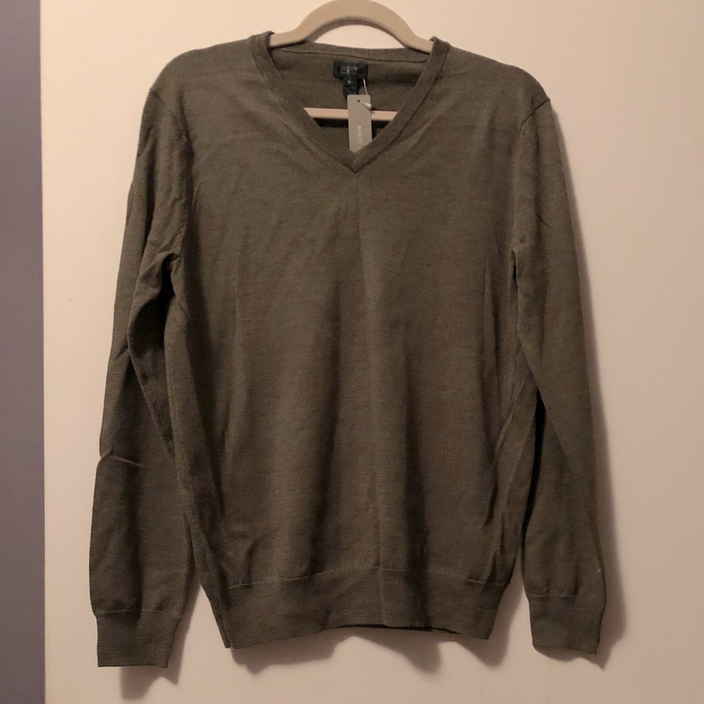 Army green J. Crew merino wool V-neck sweater